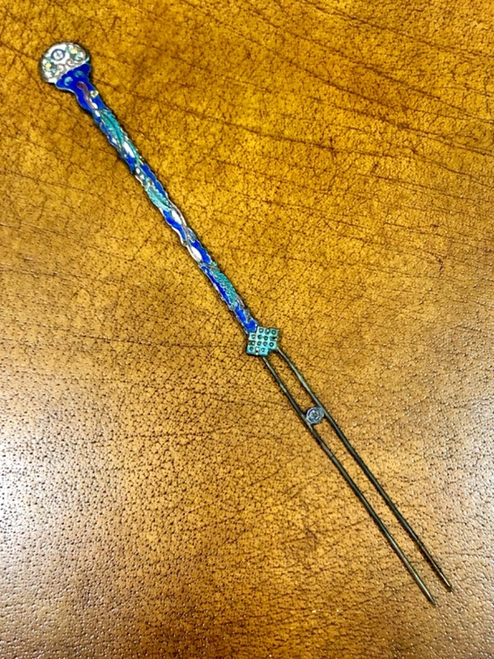 Antique Chinese Silver Enamel Floral Double Hair Pin 10” Wedding Hair Piece main image 5